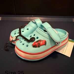 Kids Light Blue Clogs with Car Design